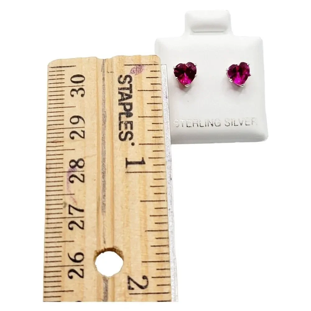 Sterling Silver 925 Pink CZ Heart Shaped Stud Earrings Valentines - Picture 8 of 8